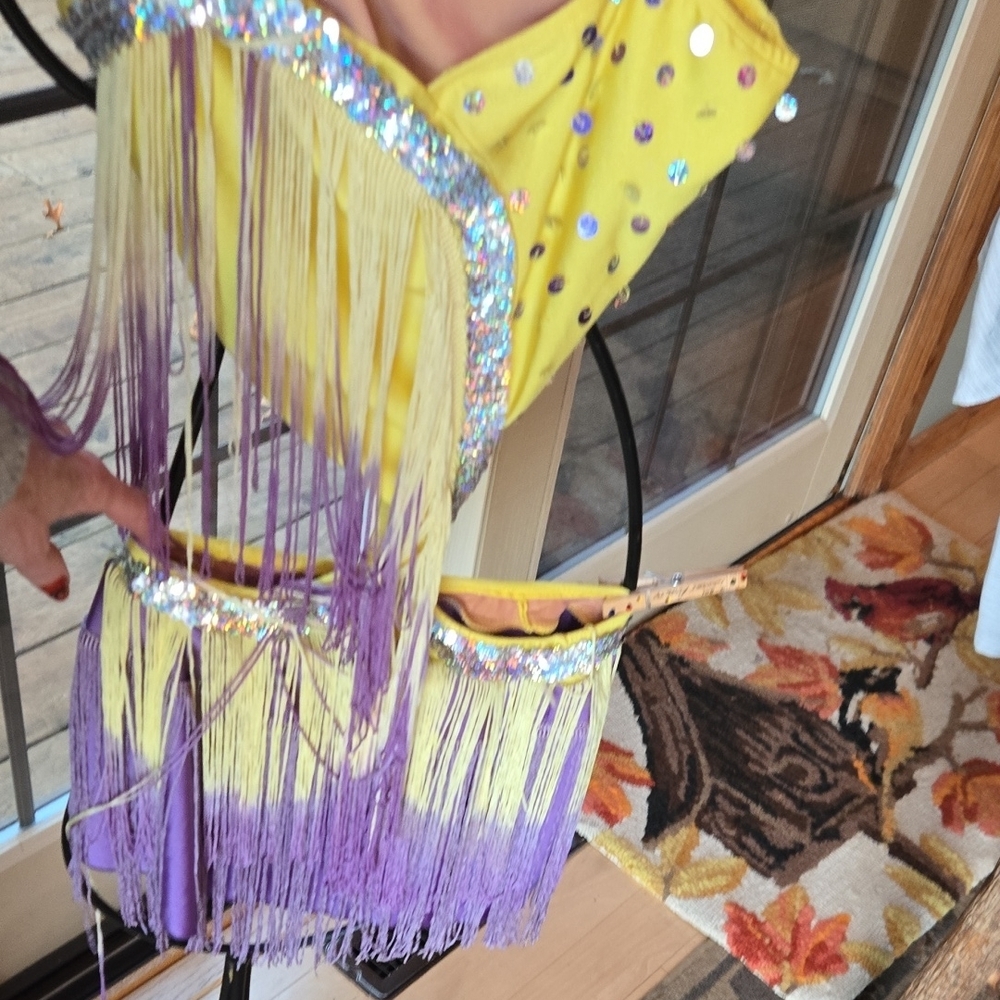 Glamour Costumes Yellow Purple Ombre Fringe Sequin Dance Leotard Performance XLK